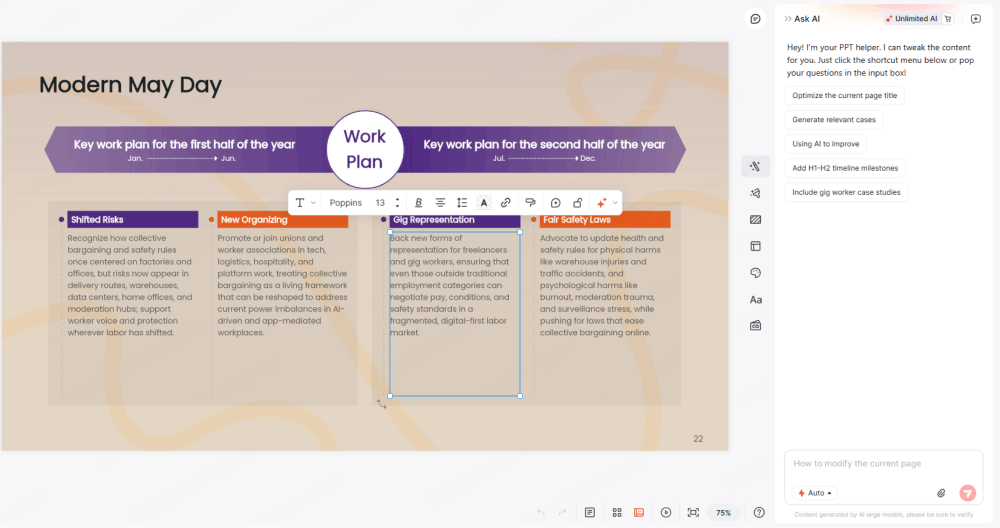 Presenti slide editor with a slide selected and text editing active