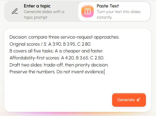Presenti Paste Text input containing the fictional decision matrix scores and a two-slide brief