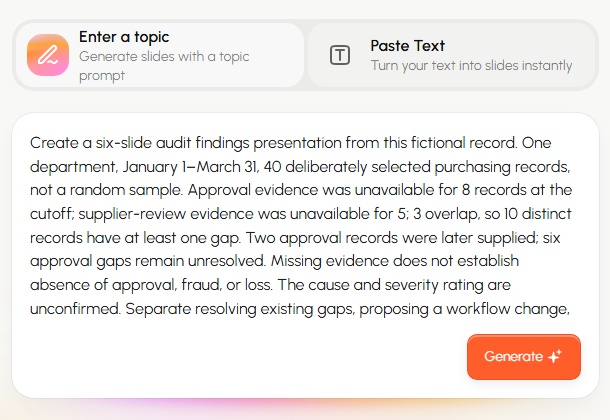 Presenti Paste Text input with the purchasing-review brief, preserving the selected-record counts and unresolved findings.