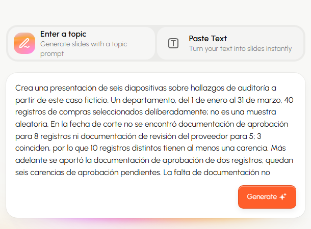 Entrada Paste Text de Presenti con el resumen de la revisión de compras, las cifras de los registros seleccionados y los hallazgos pendientes.