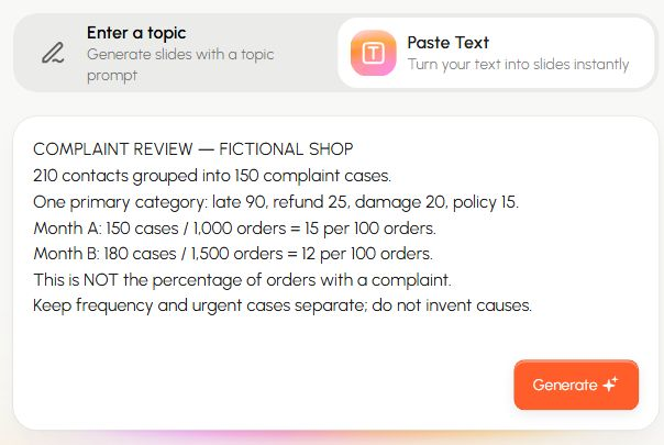 Presenti Paste Text input distinguishing complaint cases from contacts and cases per 100 orders from affected orders.