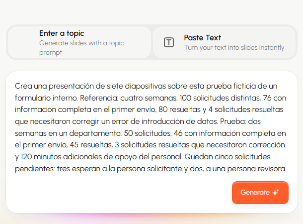 Entrada Paste Text de Presenti con el resumen de la prueba del formulario y medidas separadas de integridad de la información, correcciones y apoyo.