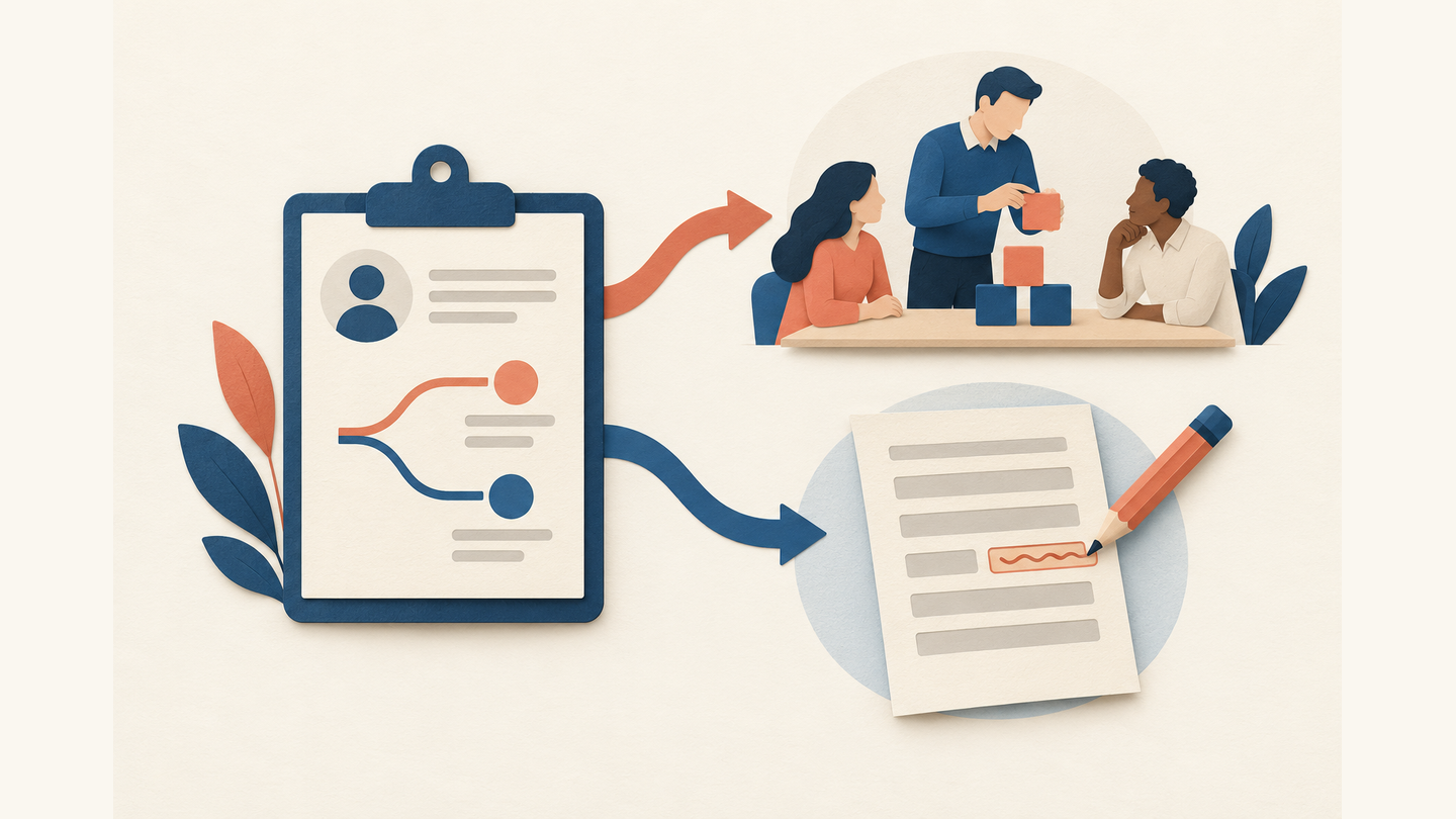 An assessment branches into focused practice for a team and a correction to a request form.