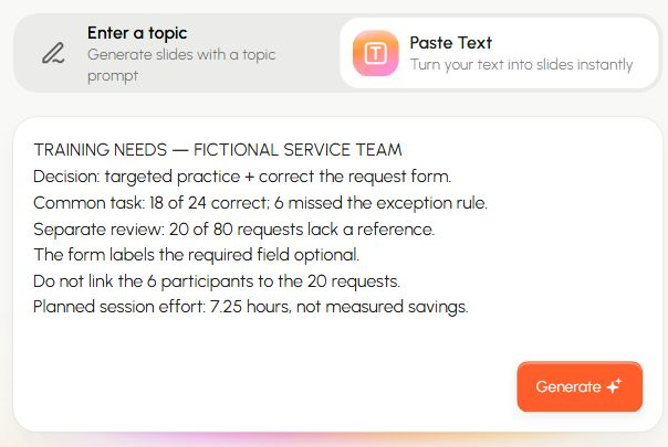 Presenti Paste Text input with the fictional training-needs example, showing separate staff and request counts.