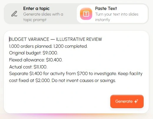 Реальный англоязычный интерфейс Presenti: в поле Paste Text введён пример исходного, скорректированного и фактического бюджета