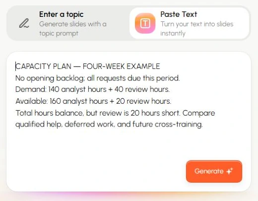 Реальный англоязычный интерфейс Presenti: в поле Paste Text введён расчёт времени аналитиков и проверяющего
