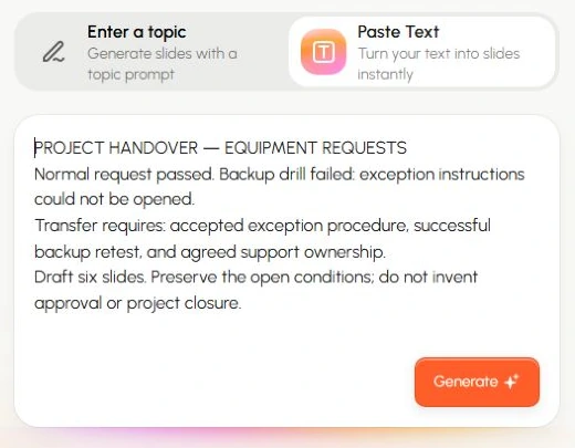 Реальный англоязычный интерфейс Presenti: в поле Paste Text введён пример передачи проекта с незакрытыми условиями