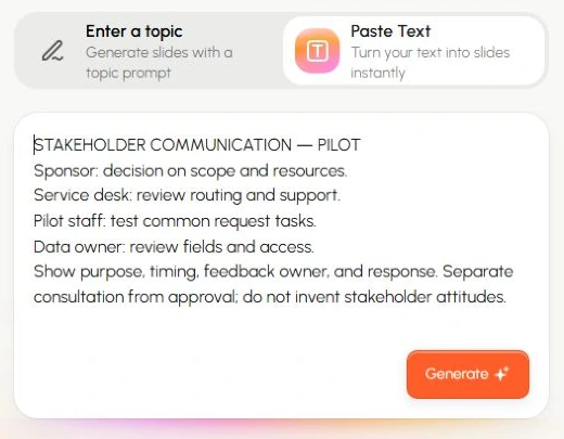 Реальный англоязычный интерфейс Presenti: в поле Paste Text введены матрица коммуникаций и пример конфликта потребностей участников