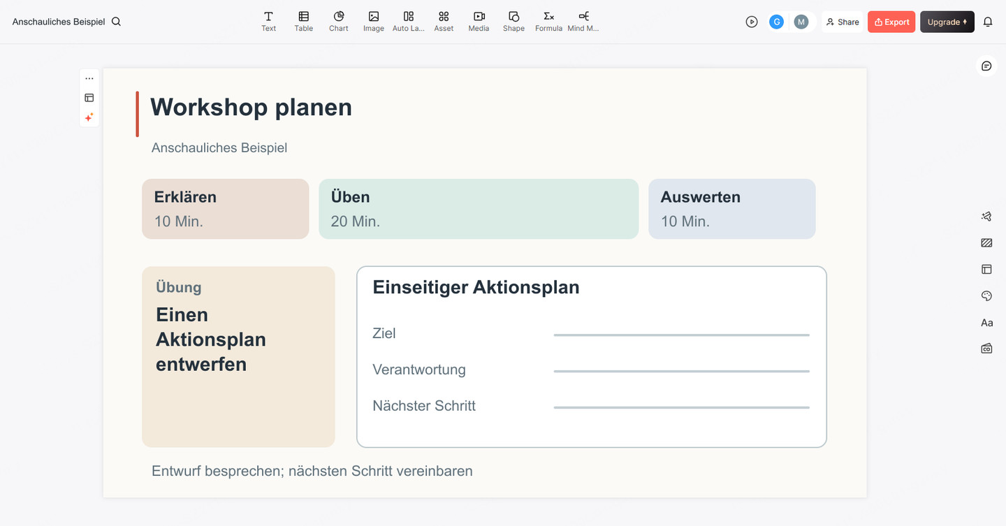 Presenti-Oberfläche mit einer Workshop-Folie zu Arbeitsauftrag, Zeitrahmen und erwartetem Gruppenergebnis