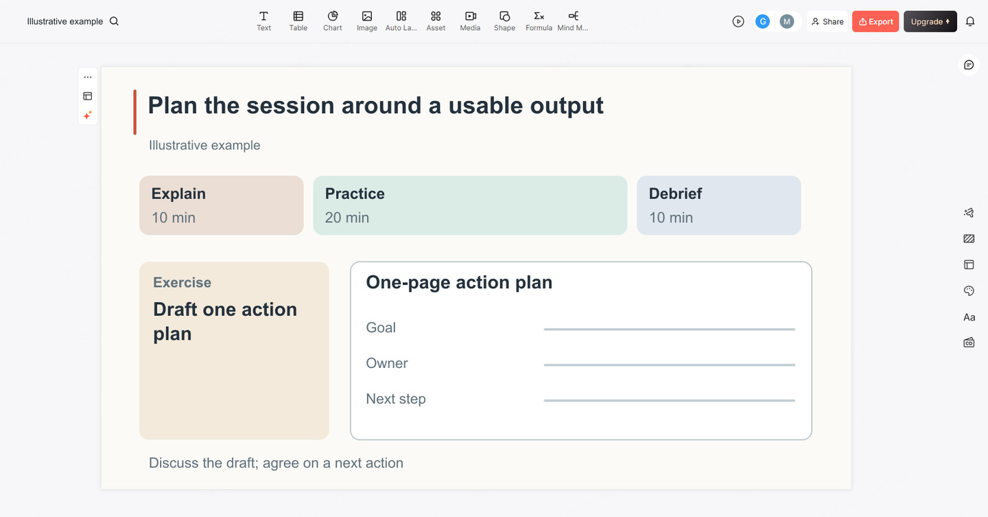 Presenti editor with an illustrative workshop slide showing a briefing, practice and share-back sequence
