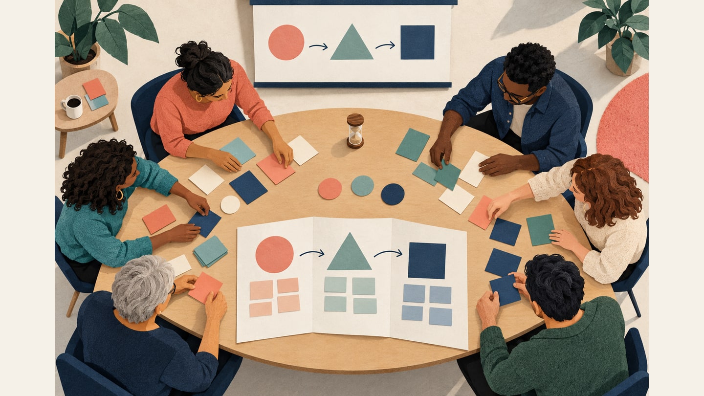 Workshop participants arrange cards around a table beneath a three-stage activity diagram