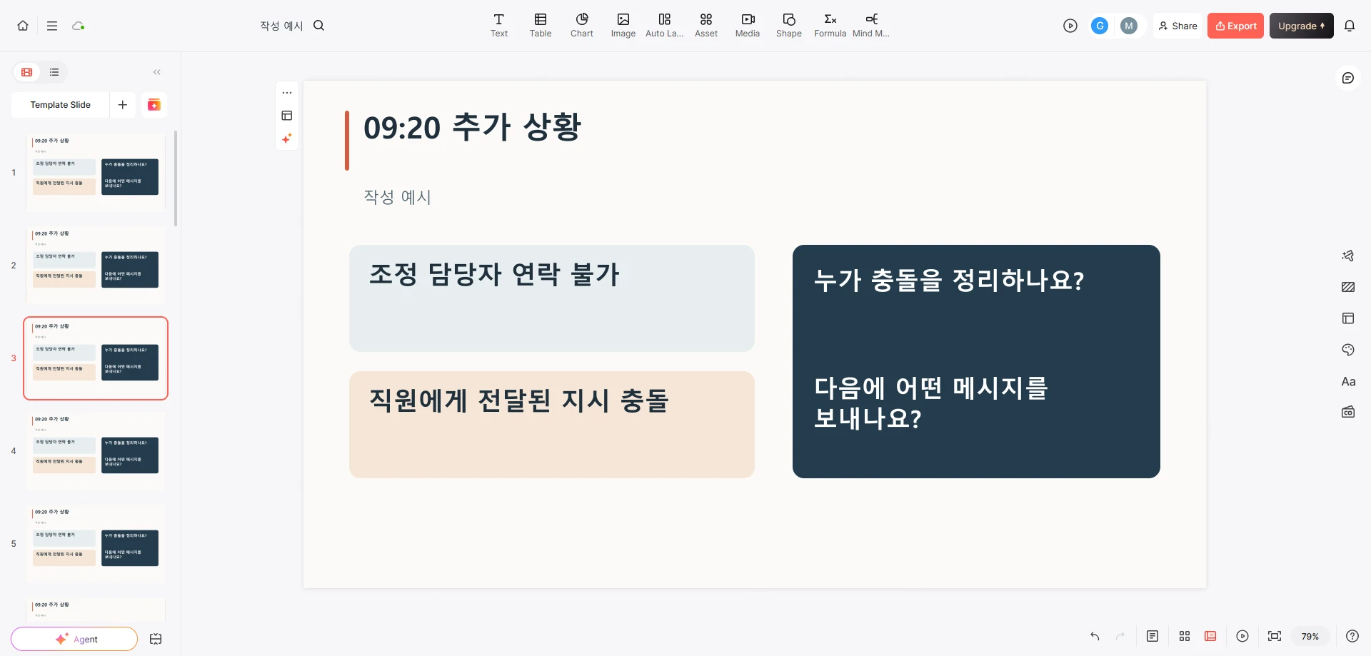 09:20에 조정 담당자가 응답하지 않고 직원 지시가 충돌하는 상황을 보여주는 참가자 슬라이드가 열린 Presenti 편집기