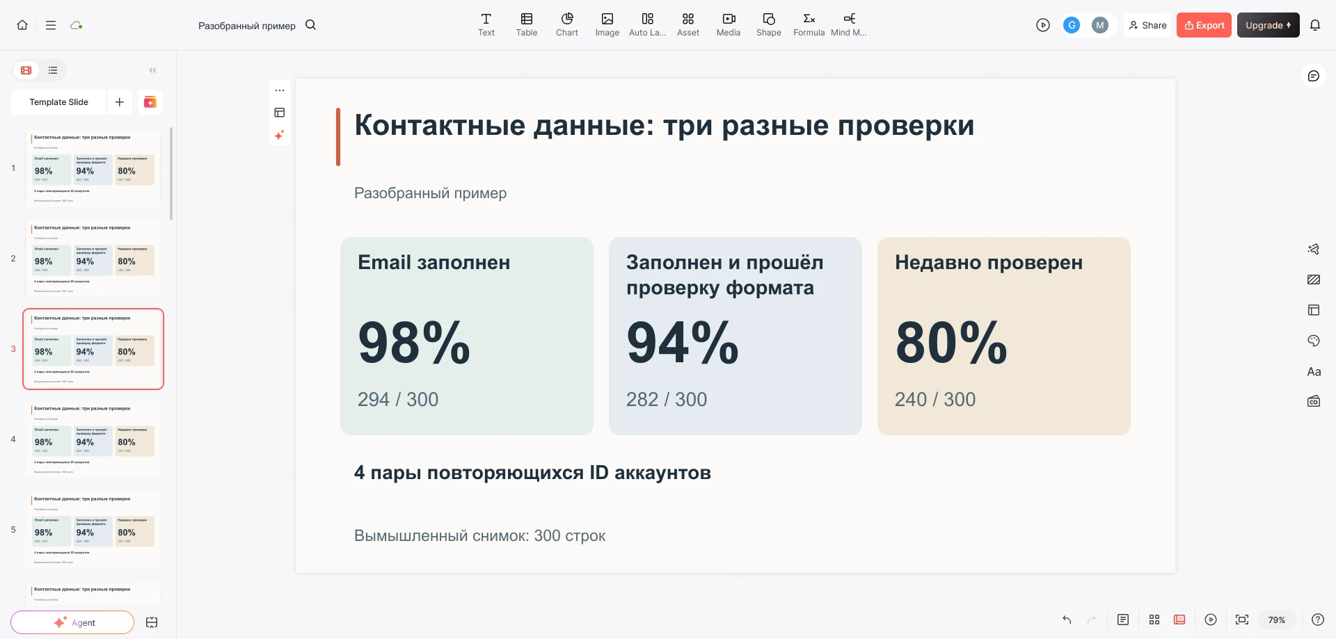 Слайд качества данных в редакторе Presenti с отдельными показателями 98 %, 94 % и 80 % и знаменателями по 300 строк