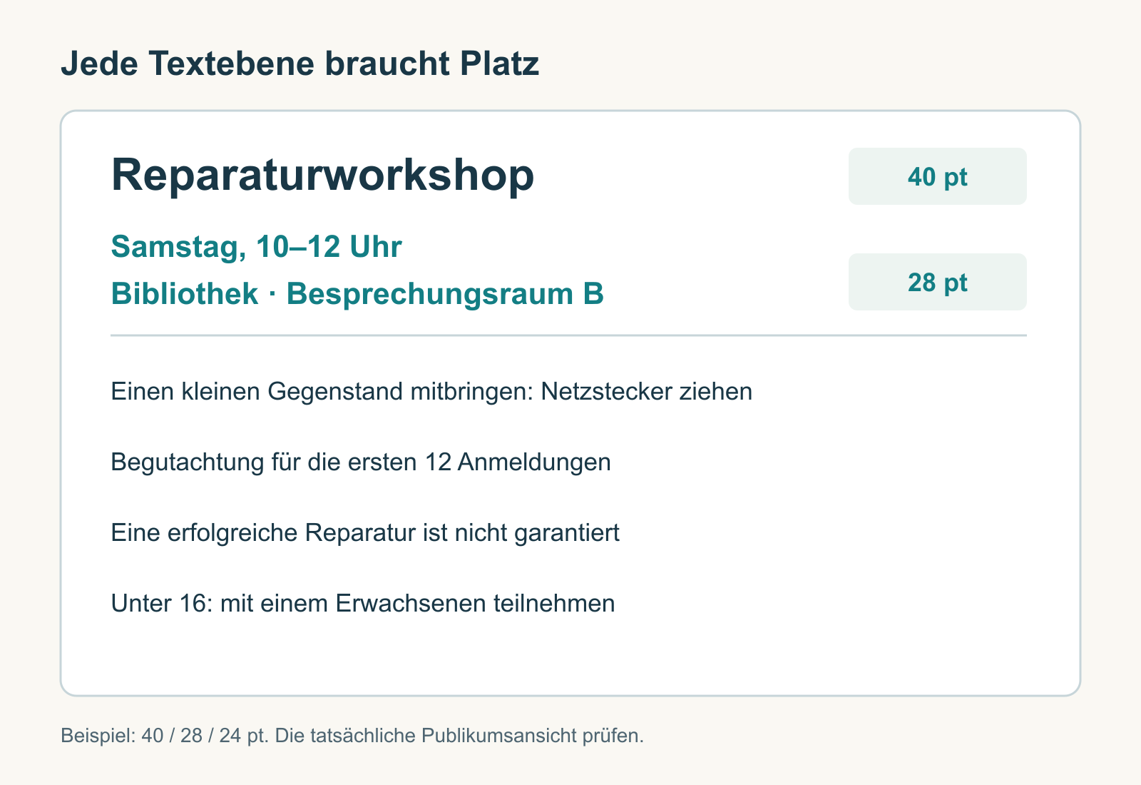 Eine Workshopankündigung trennt Überschrift, Zeit und Ort sowie vier Bedingungen, darunter die ersten 12 Anmeldungen und die nicht garantierte Reparatur.