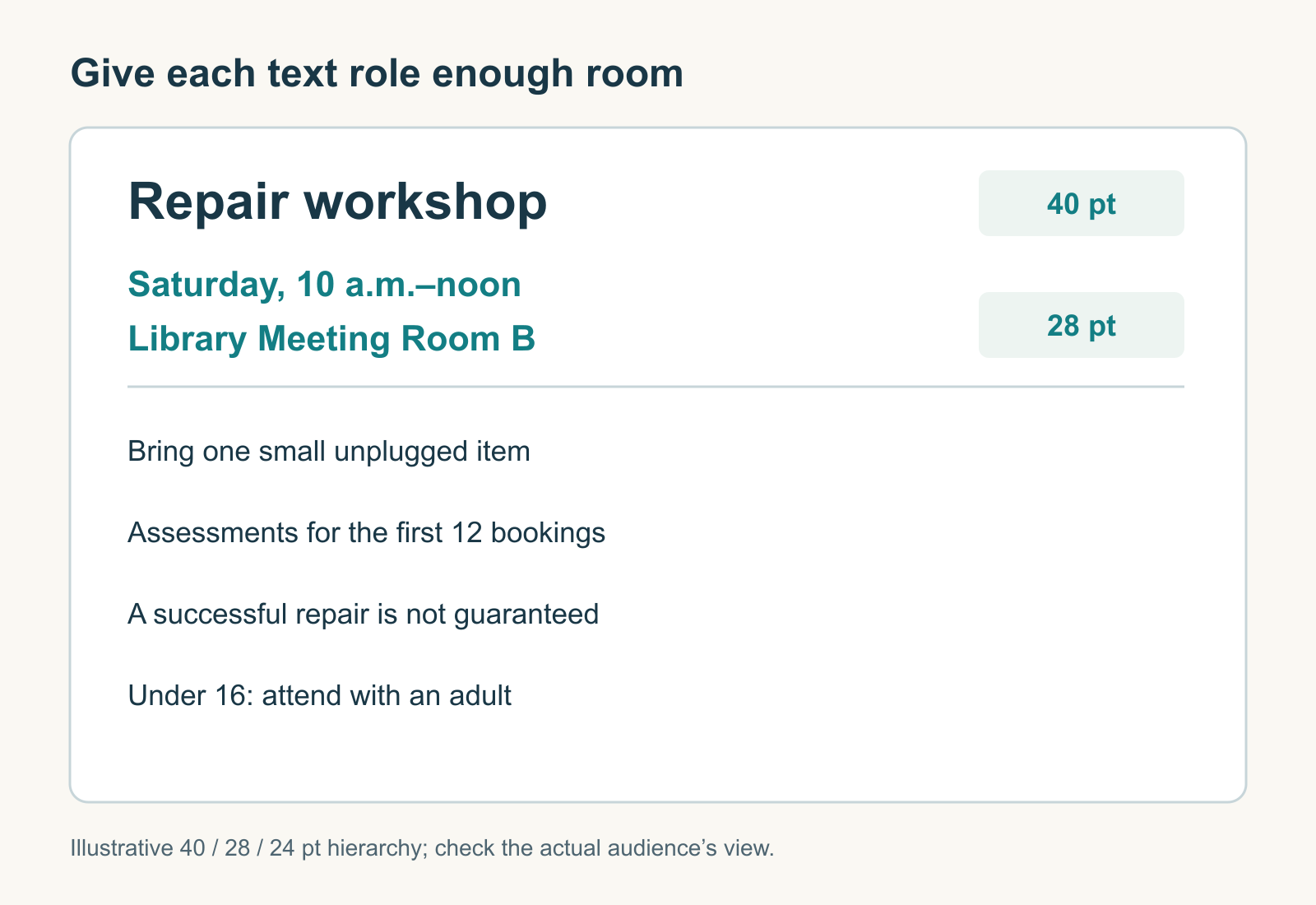A repair-workshop notice separates the heading, time and place, and four practical conditions, including the first 12 bookings and no guaranteed repair.