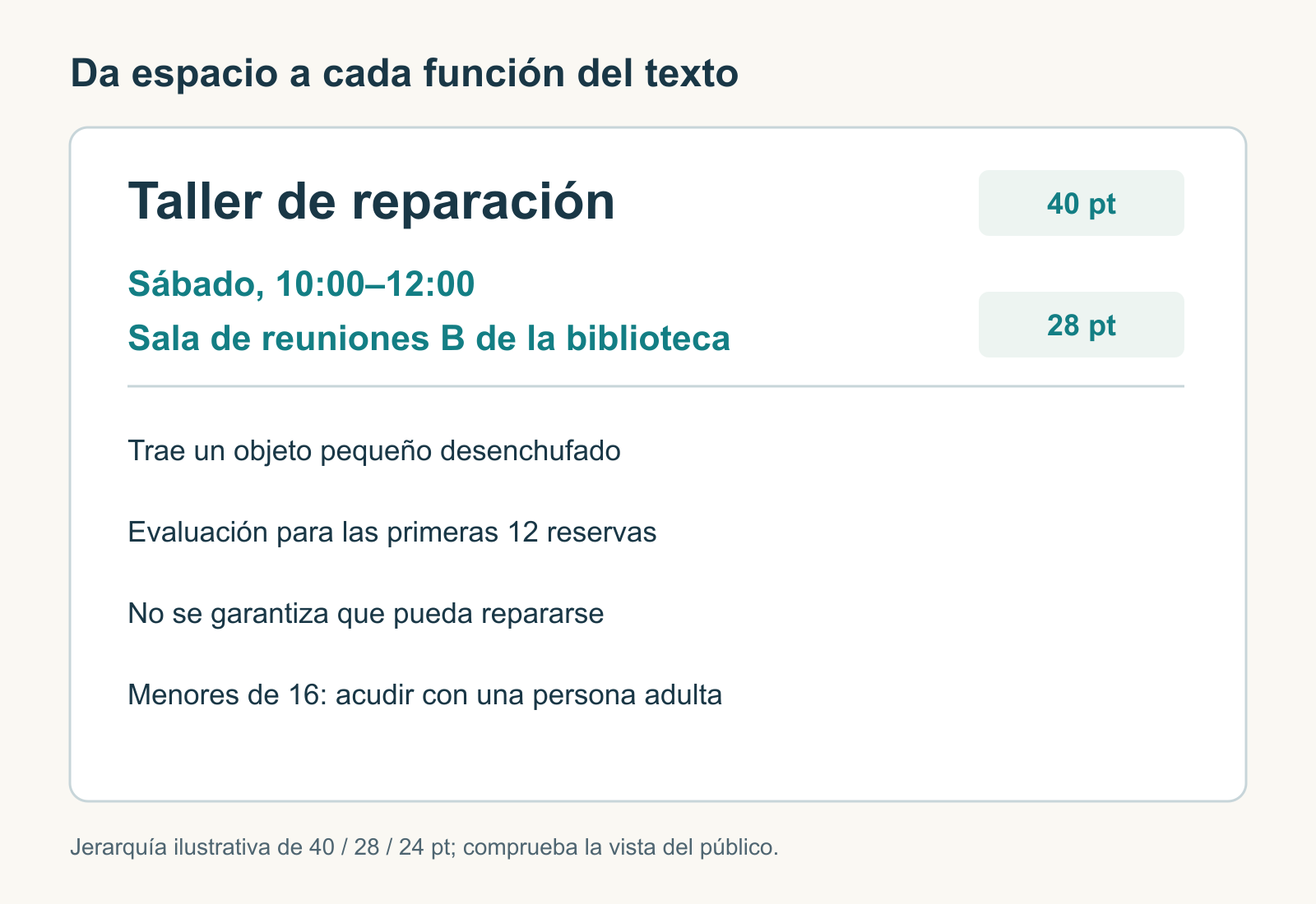 Un anuncio de taller de reparación separa título, hora y lugar de cuatro condiciones prácticas, incluidas las primeras 12 reservas y la reparación no garantizada.