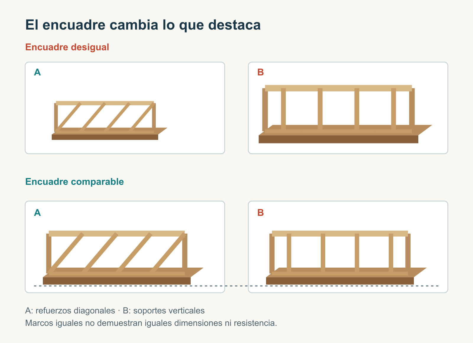 Dos modelos de puente aparecen primero con espacios desiguales alrededor y después con encuadres comparables y bases alineadas; ninguna vista mide su resistencia.