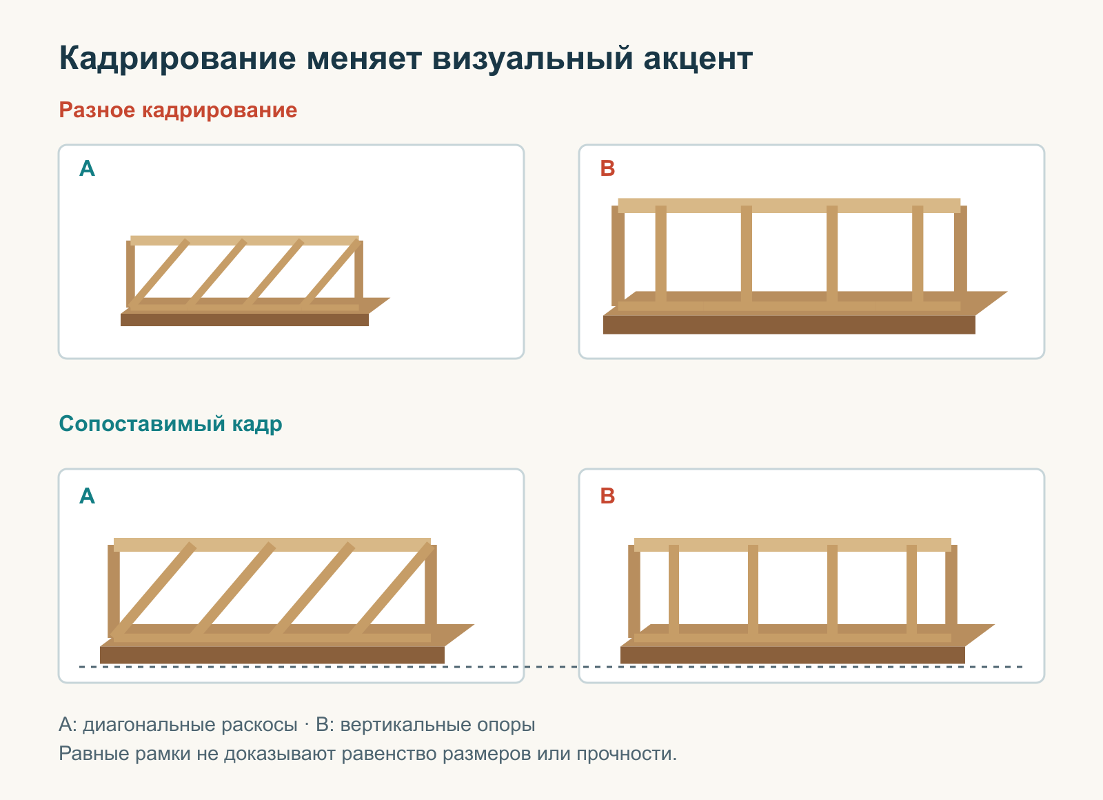 Две модели моста сначала показаны с разным свободным пространством, затем — с сопоставимым кадрированием и выровненными основаниями; прочность не измеряется.