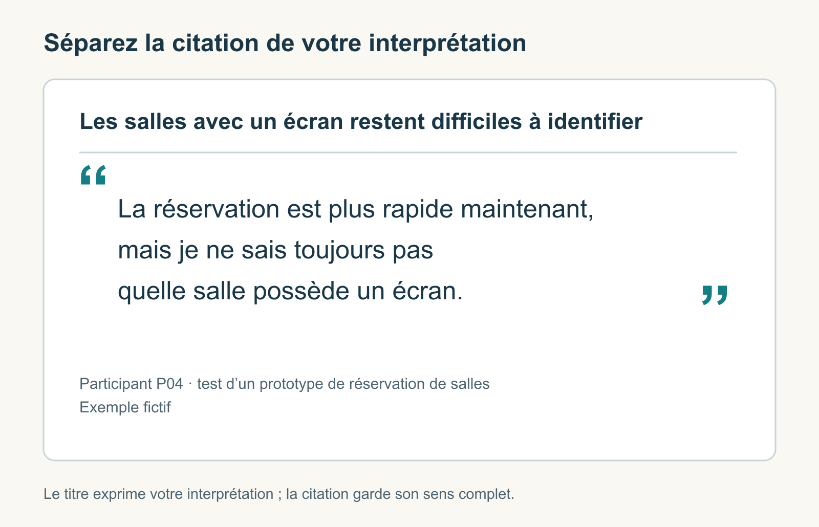 Une diapositive sépare le titre sur les salles avec écran, le commentaire complet et l’attribution au participant fictif P04.
