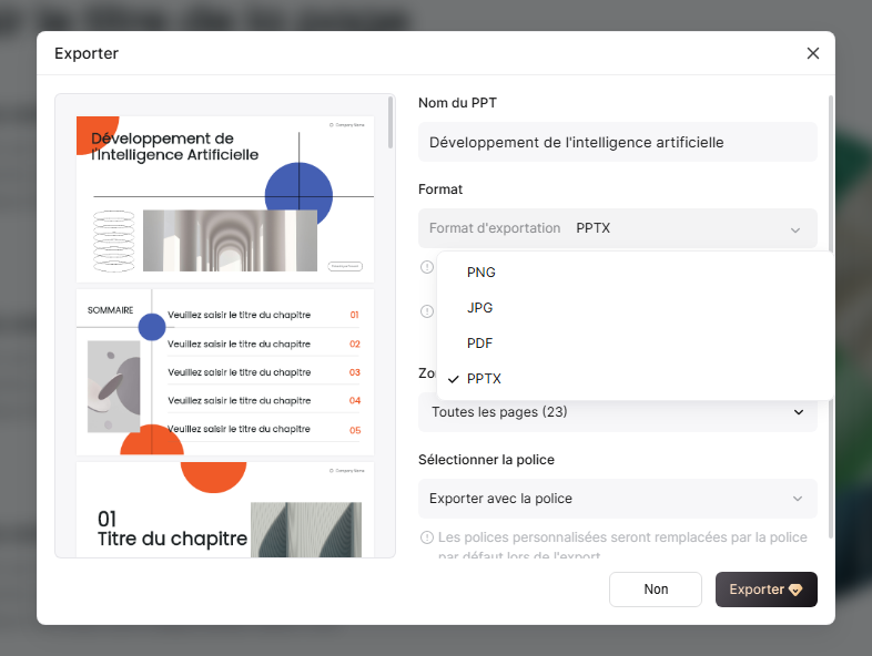 Menu des formats de téléchargement de la présentation
