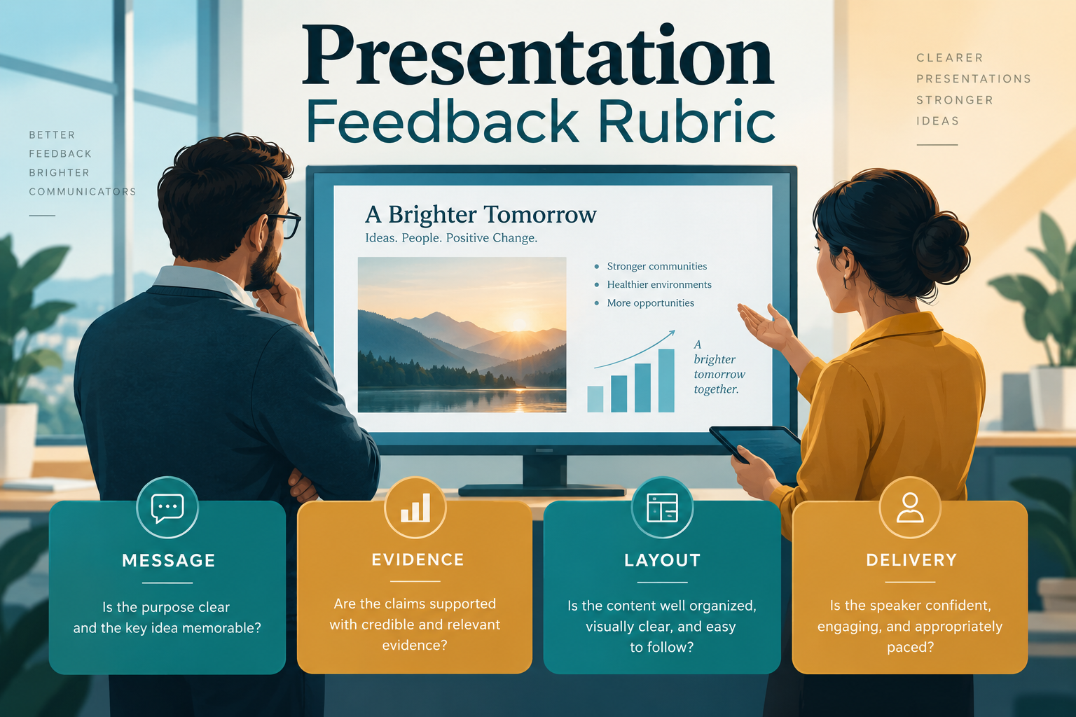 Rúbrica para revisar una presentación: mensaje, evidencia, diseño y exposición