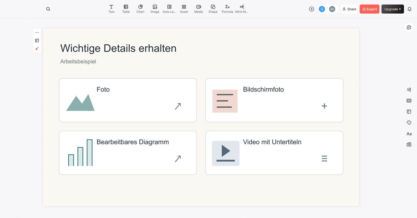 Presenti-Beispielfolie zur unterschiedlichen Behandlung von Foto, Screenshot, Diagramm und untertiteltem Video