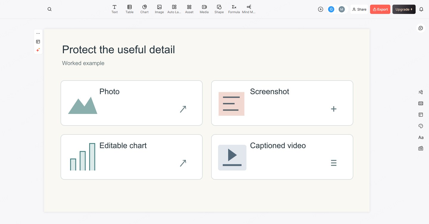 Presenti editor with an authored example grouping photos, screenshots, editable charts and captioned video
