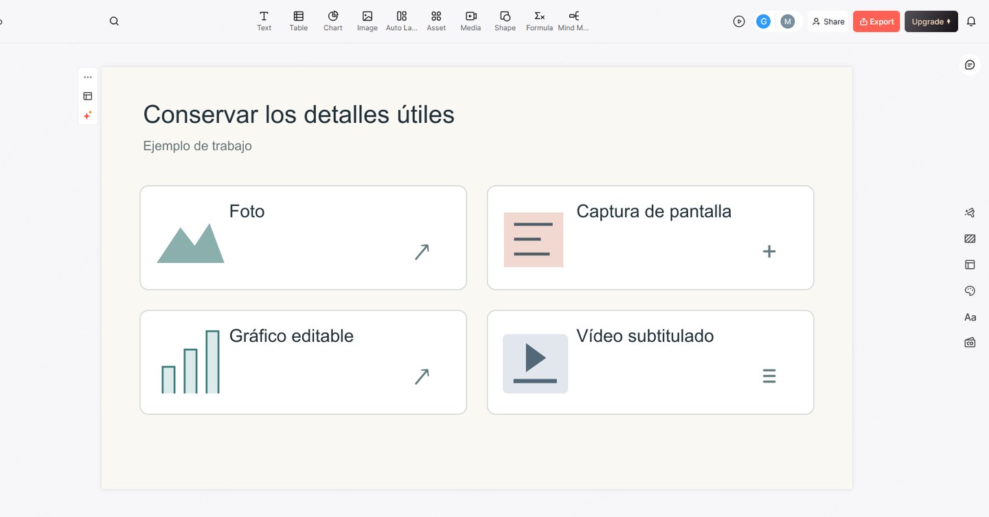 Ejemplo de diapositiva en Presenti que distingue fotos, capturas de pantalla, gráficos editables y vídeos con subtítulos para mostrar qué detalles conviene conservar