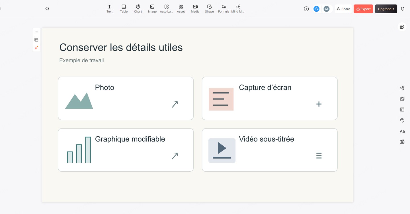 Exemple de diapositive Presenti distinguant photo, capture, graphique modifiable et vidéo sous-titrée