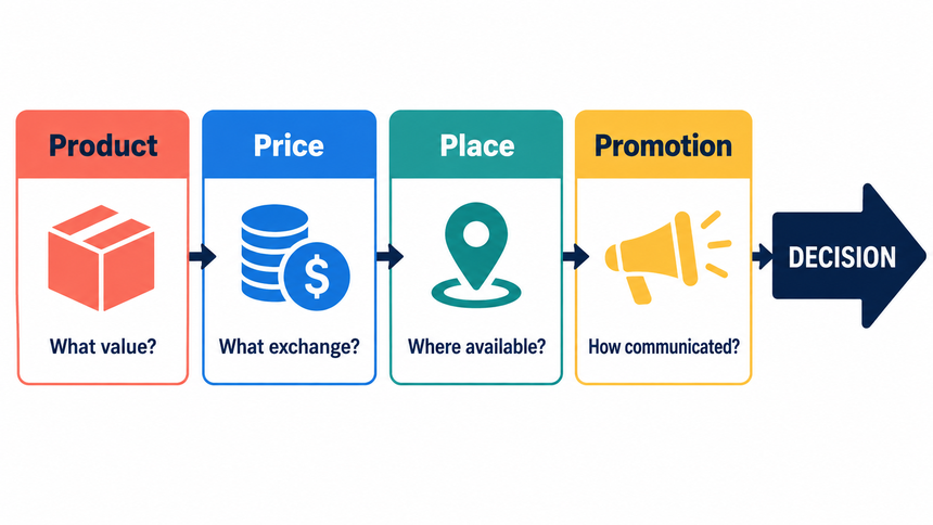 Decision prompts for product, price, place, and promotion slides
