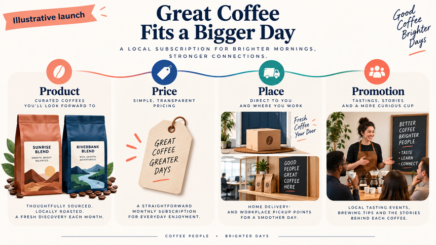 Illustrative 4 Ps presentation example for a local coffee subscription launch