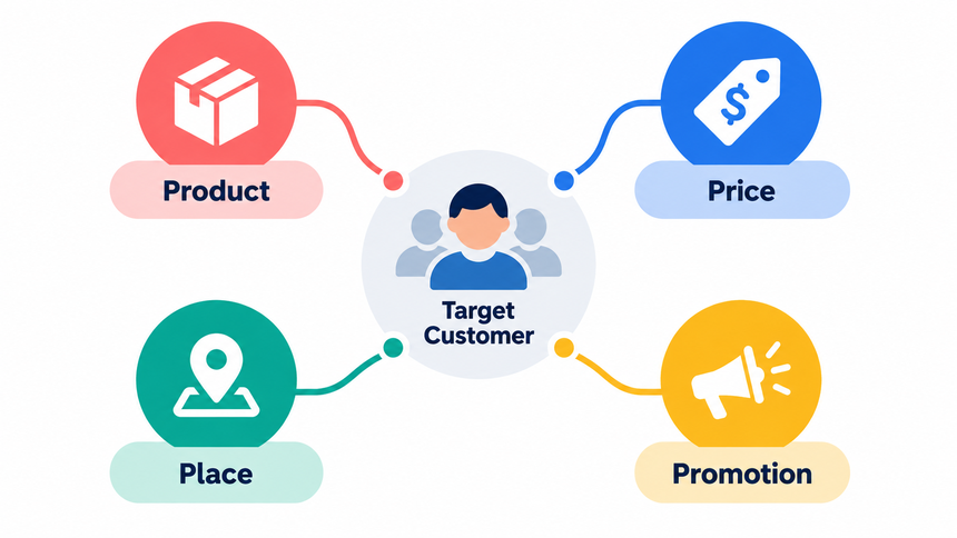 Four-part marketing mix framework connecting product, price, place, and promotion to a target audience