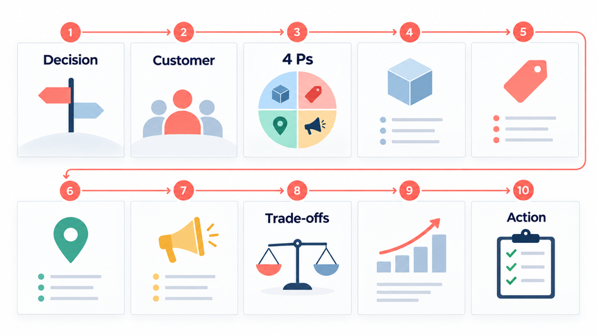 Ten-slide sequence for a 4 Ps marketing presentation from decision to action plan