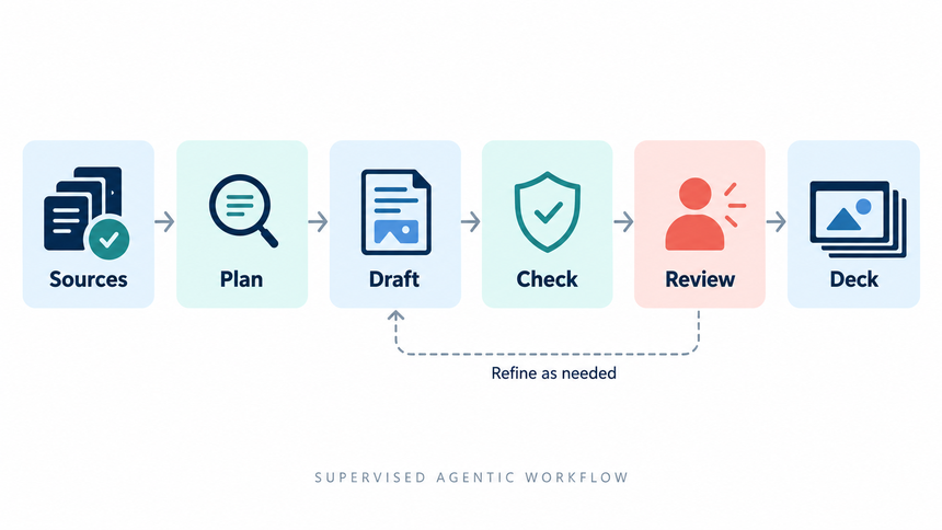 Agentic presentation workflow from source collection through human-reviewed editable slides