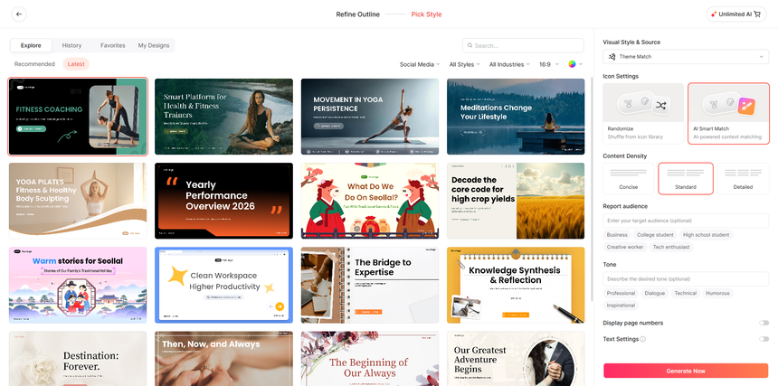 Presenti workflow from input and outline refinement to style selection and editable slides