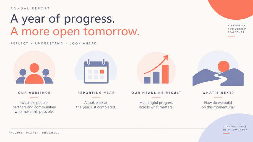 Annual report presentation opening with audience, year, headline result, and forward-looking question