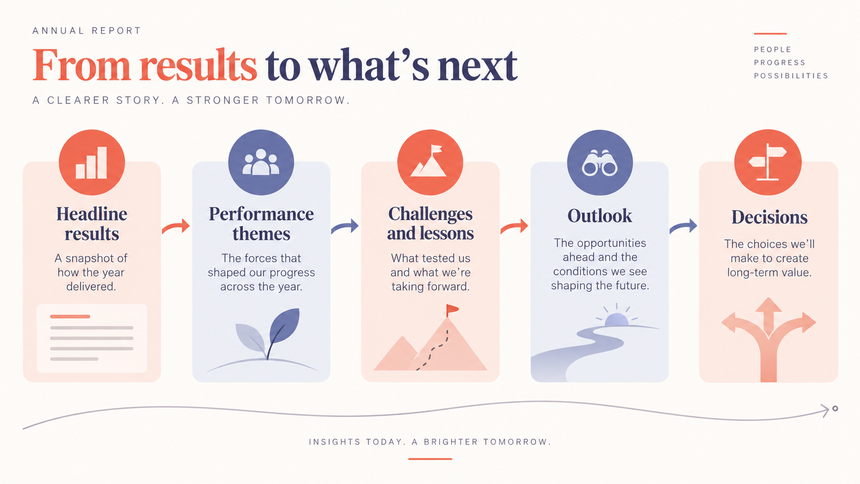 Annual report story arc from headline results through performance themes, challenges, and outlook