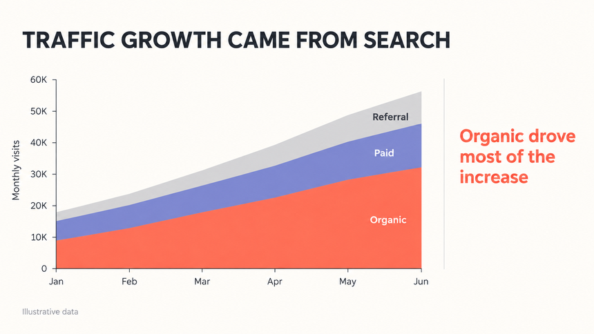 Illustrative stacked area chart showing organic search as the main contributor to website traffic growth