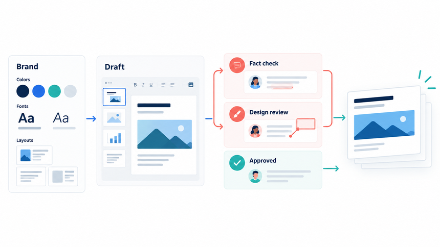 Presentation review workflow linking brand rules, comments, approvals, and final delivery
