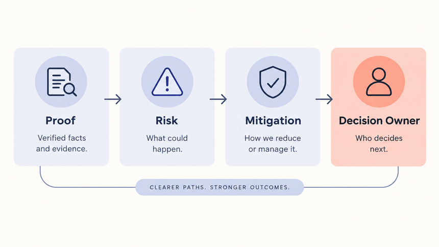 Business proposal proof and risk slide with evidence source, limitation, mitigation, and decision owner