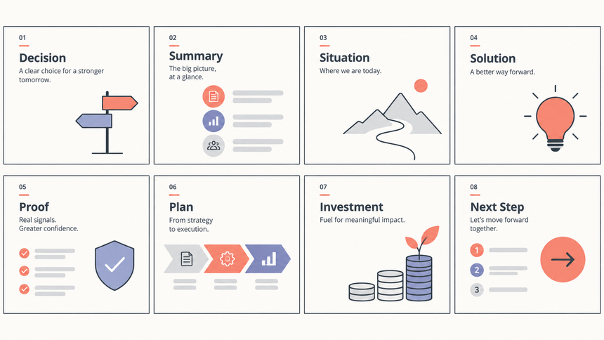 Business proposal slide structure from decision and problem through solution, proof, investment, and next step
