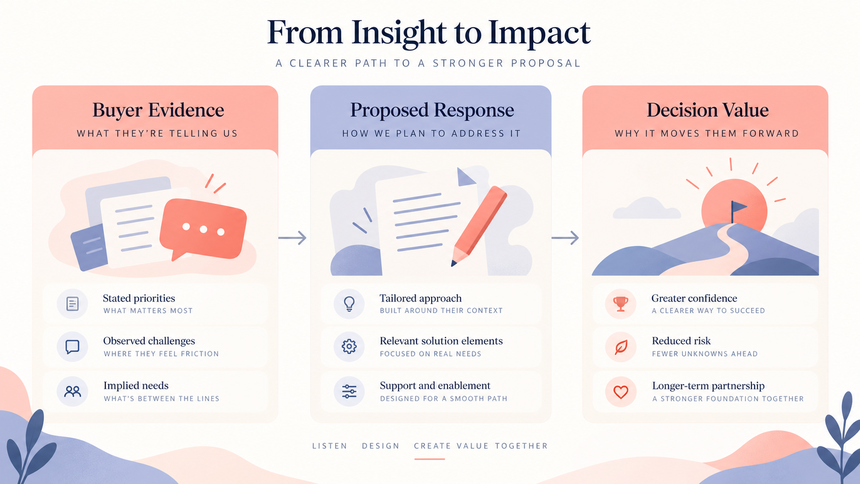Business proposal value map connecting buyer evidence to solution, deliverable, and decision value