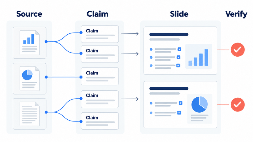 Source-grounding workflow that maps evidence to slide claims and human citation checks