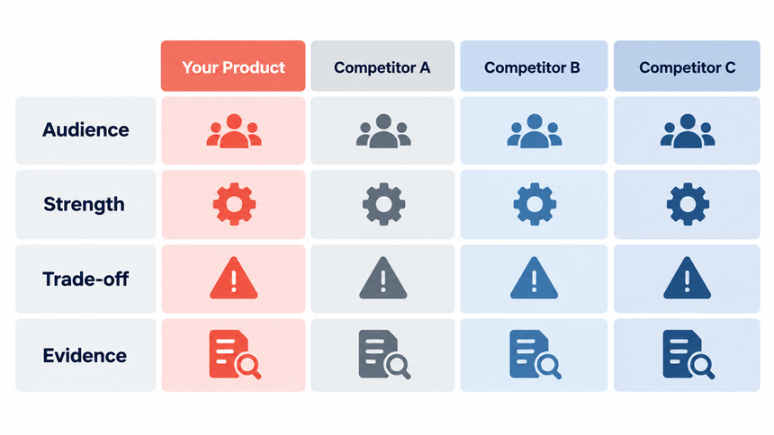 Competitive analysis matrix comparing audience, strengths, trade-offs, and evidence