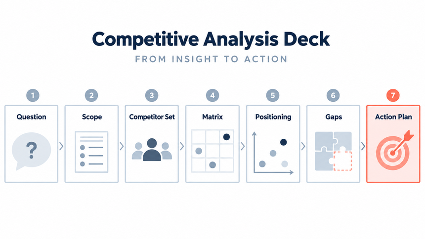 Reusable competitive analysis presentation structure from question to action plan