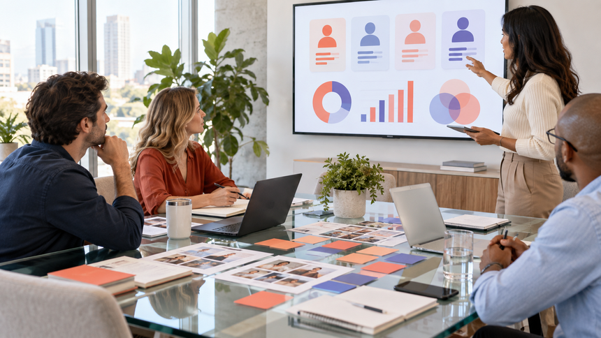 Customer profile visual showing segmented buyer groups, persona cards, and decision criteria