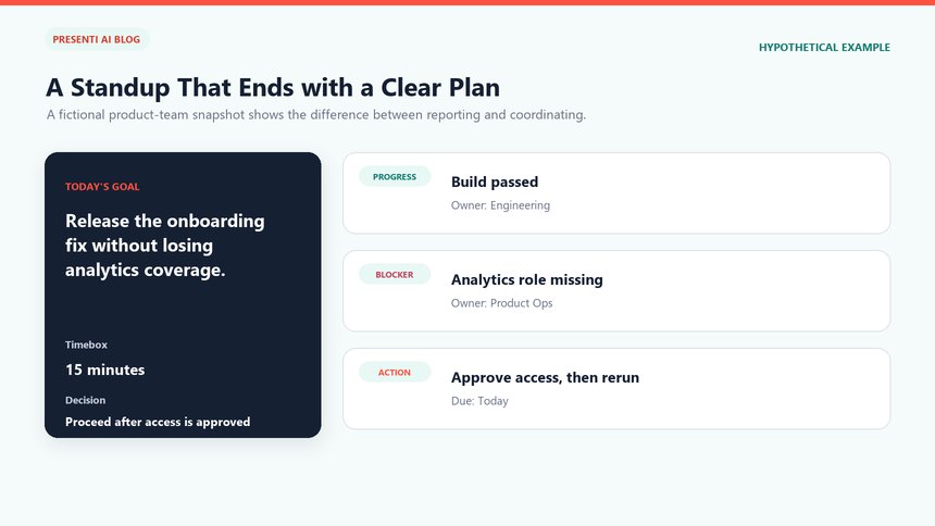 Fictional daily standup example for an onboarding pilot with progress, blockers, and owned actions