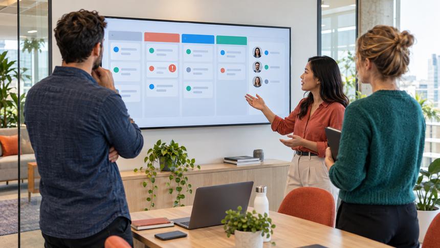 Daily standup meeting template connecting the team goal, blockers, owners, and next actions