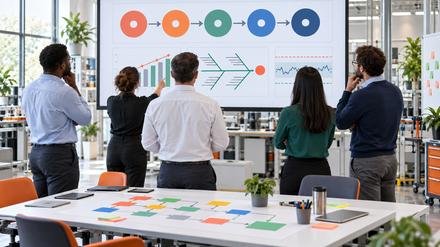 DMAIC presentation framework connecting five phases to evidence, decisions, and owners