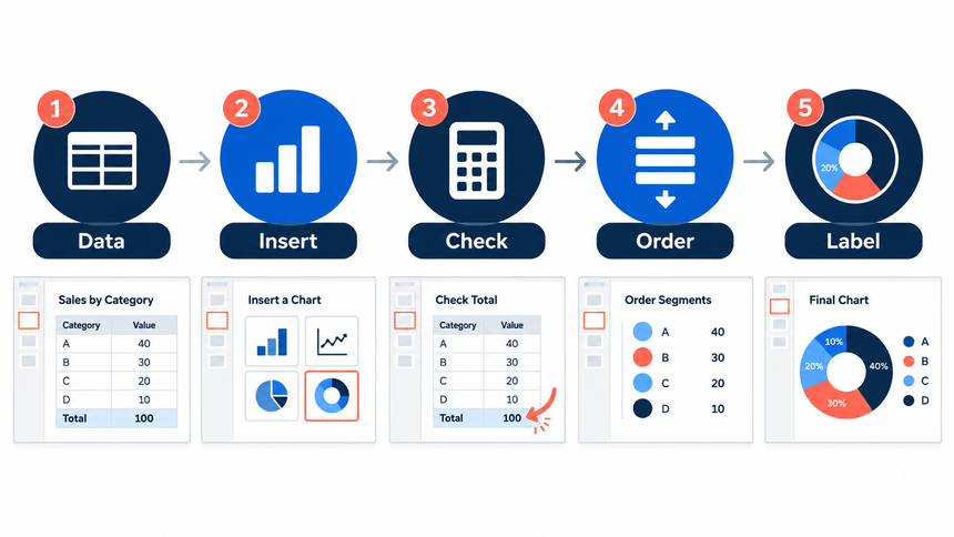 Five-step workflow for creating and reviewing a doughnut chart in PowerPoint